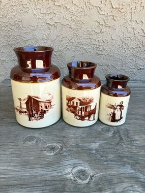 Vintage McCoy Pottery Canister Set Primitive Colonial Farmhouse Scene No Lids